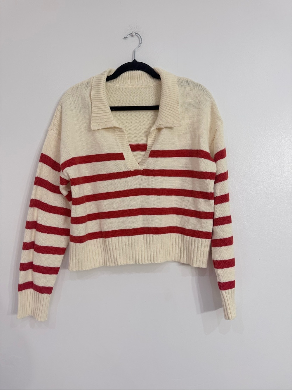 Cider Cream & Red Striped V-Neck Sweater